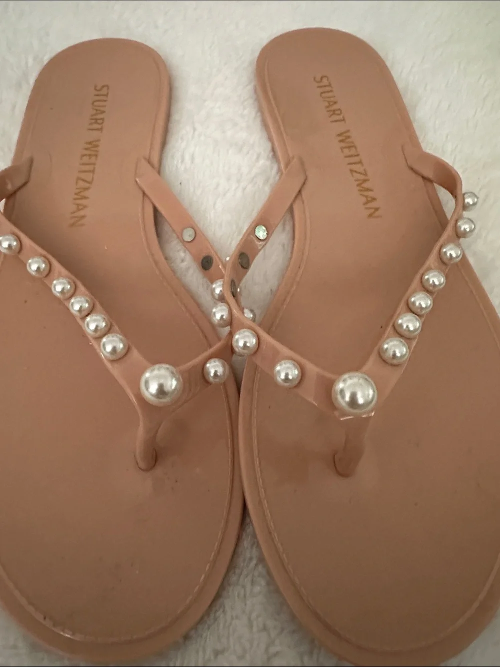 Stuart Weitzman Blush Pearl-Embellished Thong Sandals